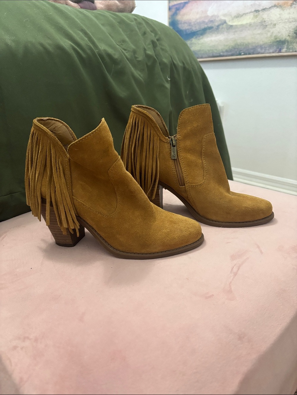 Jessica Simpson Mustard Suede Fringe Ankle Boots